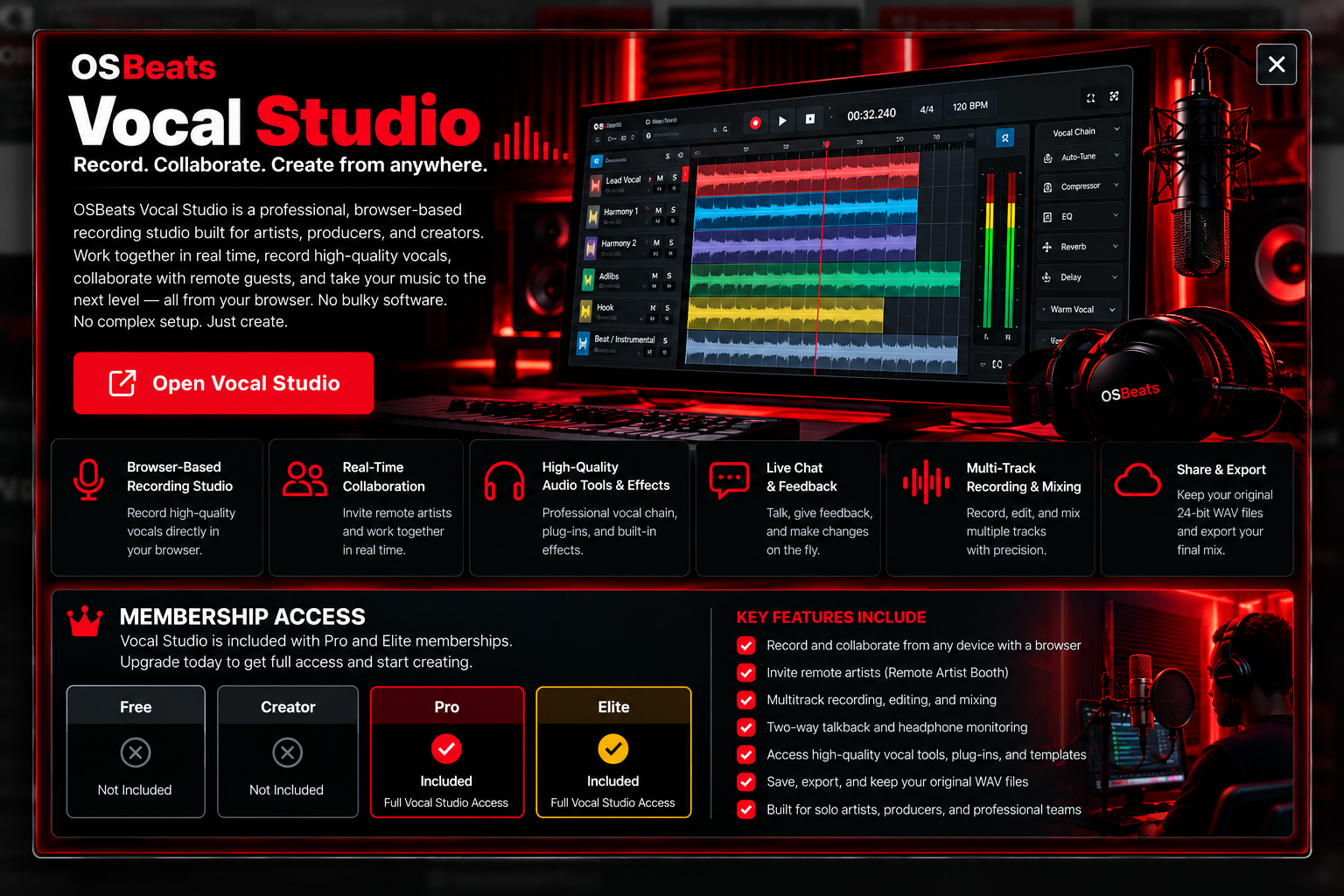 OSBeats Vocal Studio features and membership access